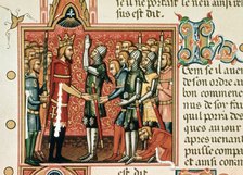 Roldan promising loyalty to Charlemagne, miniature in a page of the manuscript of the 14th centur…