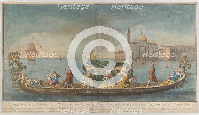 The highly ornamented second gondola of Ambassador Giovanni Battista Colloreado enterin..., 1720-30. Creator: Giovanni Antonio Faldoni.