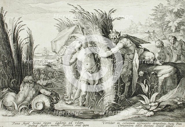 Pan Pursuing Syrinx, Who Is Changed into a Reed, published 1589. Creator: Hendrik Goltzius.