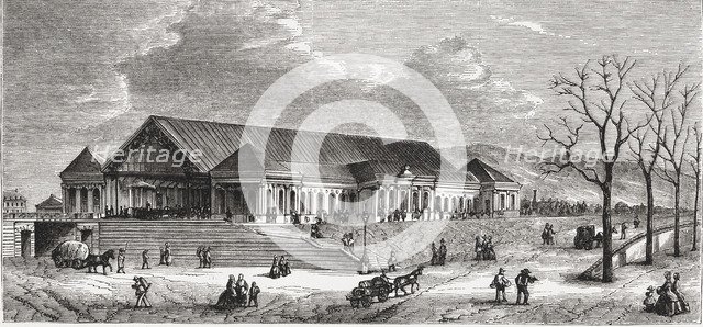 Geneva Station in the railway line Lyon to Geneva, engraving from 1859.
