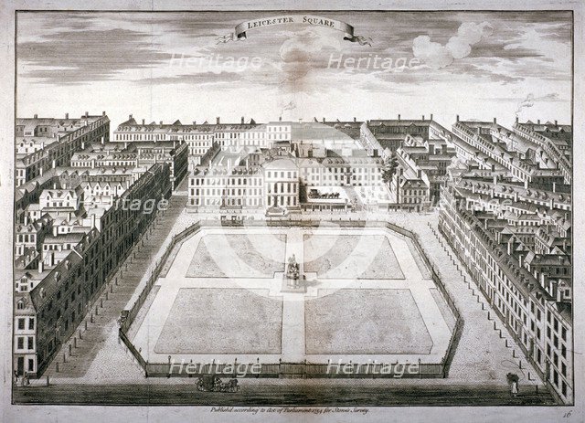 Aerial view of Leicester Square with carriages, Westminster, London, 1754. Artist: Sutton Nicholls