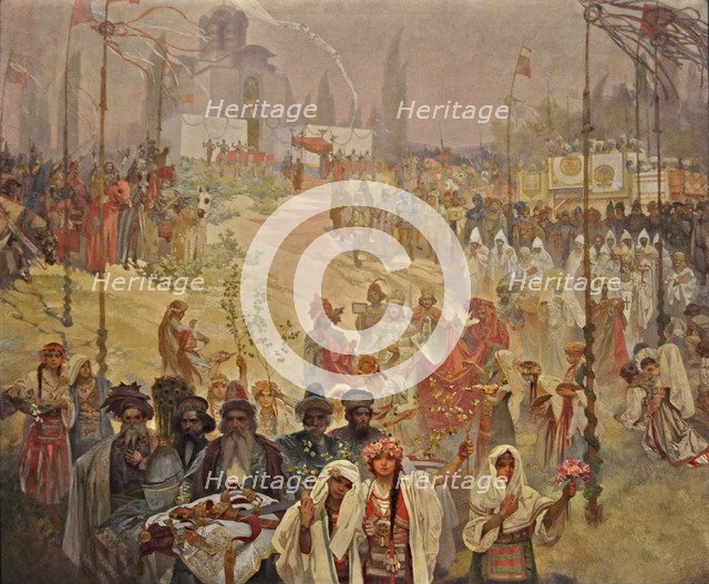 The Coronation of the Serbian Tsar Stefan Dusan as East Roman Emperor (The cycle The Slav Epic). Artist: Mucha, Alfons Marie (1860-1939)