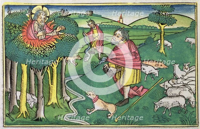 Exodus 3:1-22 and 4:1-4: the burning bush amd God arming Moses with the miraculous rod. Artist: Unknown