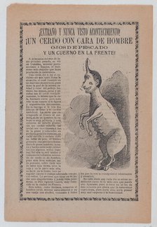 Broadsheet relating to freaks of nature, at right a creature that is half human and hal..., ca 1900. Creator: José Guadalupe Posada.
