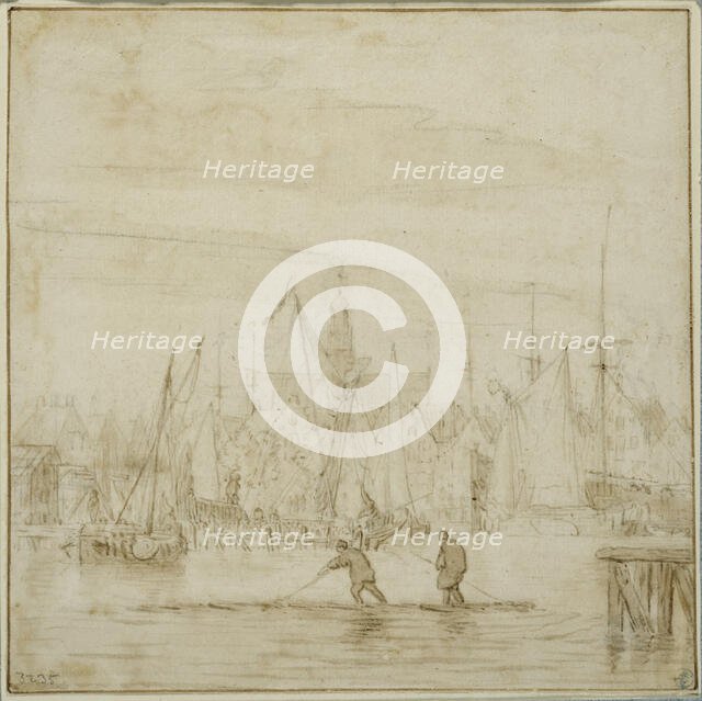 harbour with two men on a raft. Creator: Pieter Coopse.