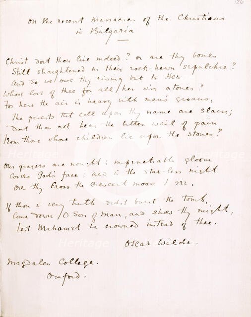 Sonnet On the Massacre of the Christians in Bulgaria by Oscar Wilde, 1818. Creator: Oscar Wilde.