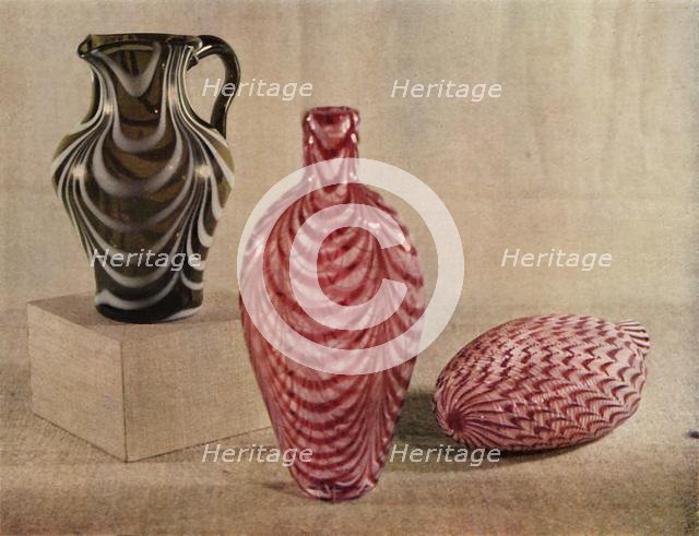 'Nailsea jug and flasks', late 18th-first half of the 19th century, (1946). Creator: Unknown.