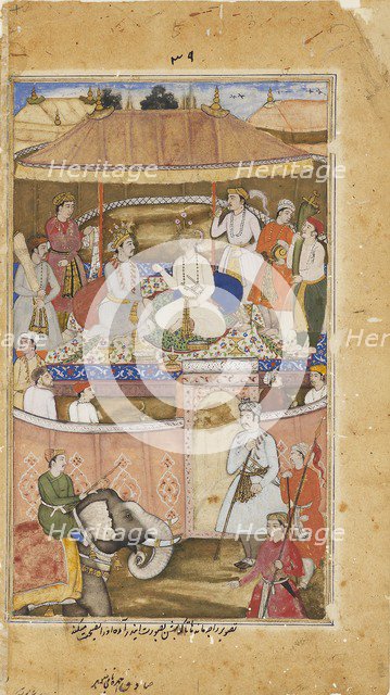 Krishna, in the guise of Indra, advises a king, 1598. Artist: Sadiqi Beg.