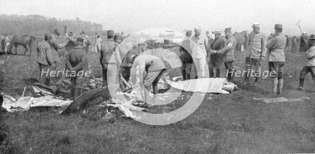 Wreckage of the aeroplane in which French pilot Adolphe Pegoud was killed in action, 1915 Artist: Unknown