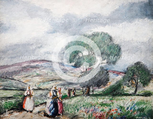 Stormy Landscape With Blue And Red Figures, 1940. Creator: Karoly Kotasz.