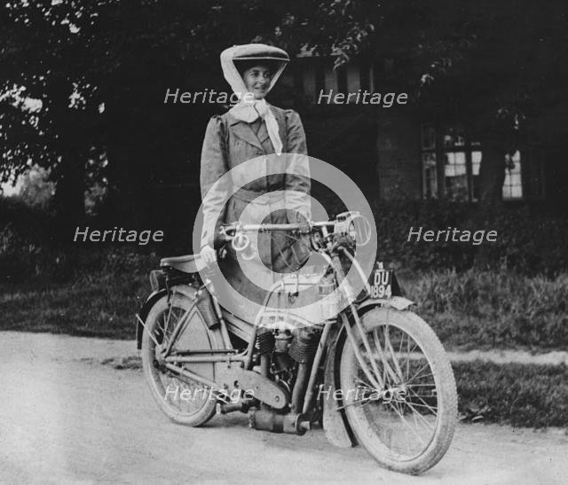 1909 Rex with motorcyclist Muriel Hind. Creator: Unknown.