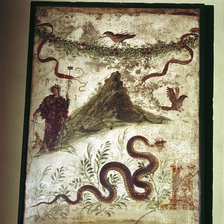 Roman wallpainting showing Mount Vesuvius and Bacchus (Dionysus) or the Genius Loci, Pompeii, Italy. Creator: Unknown.