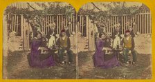 Genre scene: family seated outside around a table with glasses and a bottle of wine, about 1860. Creator: London Stereoscopic & Photographic Co.