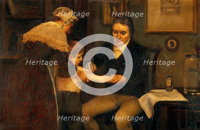 Vaccination: "Dr Jenner performing his first vaccination, 1796", c1910s. Creator: Ernest Board.