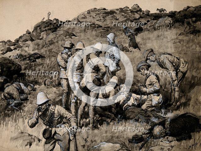 Boer War: British soldiers tending wounded Boers in an early stage of the Battle of Spion Kop, 1900. Creator: Henry Marriott Paget.