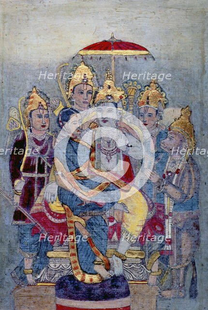 Rama and Sita enthroned under a royal umbrella, c1900.  Creator: Unknown.