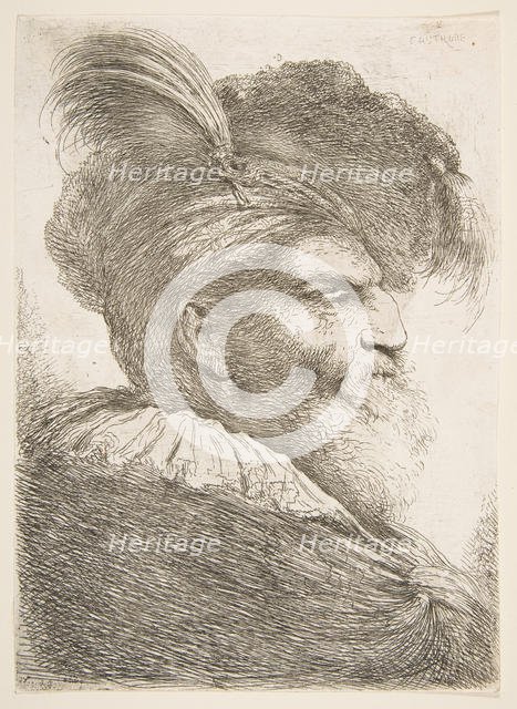 Head of an old man facing right, from the series of 'Large Oriental Heads', ca. 1645-1650. Creator: Giovanni Benedetto Castiglione.