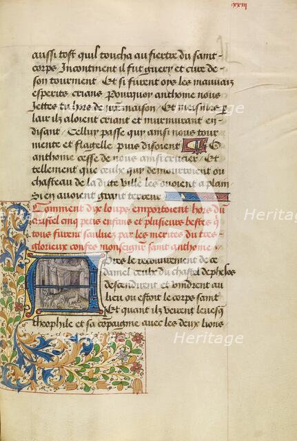Initial A: Saint Anthony Saving Five Children from Wolves, about 1465-1470. Creators: Master of the Brussels Romuléon, Workshop of the Master of the Brussels Romuléon.
