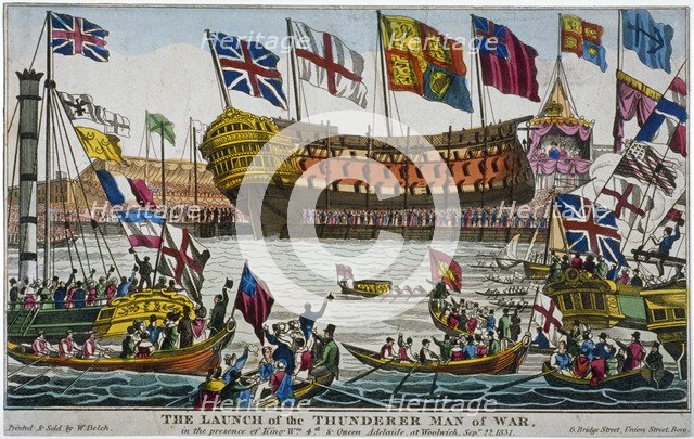 Launch of HMS 'Thunderer', Woolwich Royal Dockyard, Kent, 1831. Artist: Anon