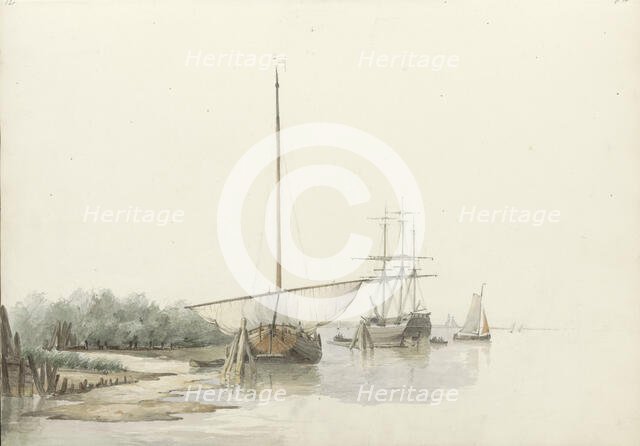 Sailing ships at anchor by a riverbank, 1797-1838.  Creator: Johannes Christiaan Schotel.