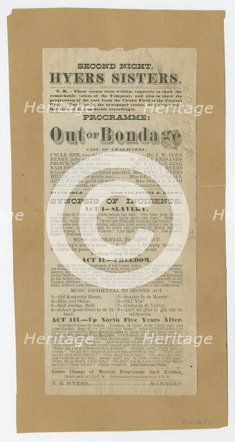 Broadside for the musical drama "Out of Bondage", 1876. Creator: Unknown.
