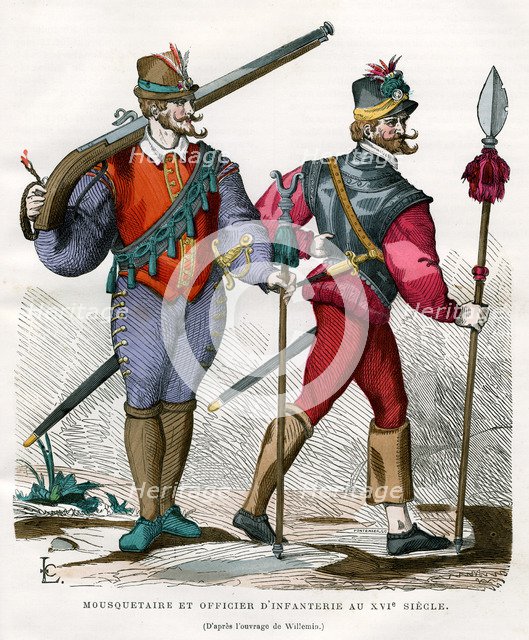 Musketeer and infantry officer, 16th century (1882-1884).Artist: Pontenier