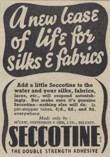 Seccotine Fabric Adhesive, 1939. Artist: Unknown