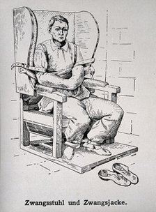 A mental ill patient in a straight jacket and strapped into a chair, 1908. Creator: Unknown.