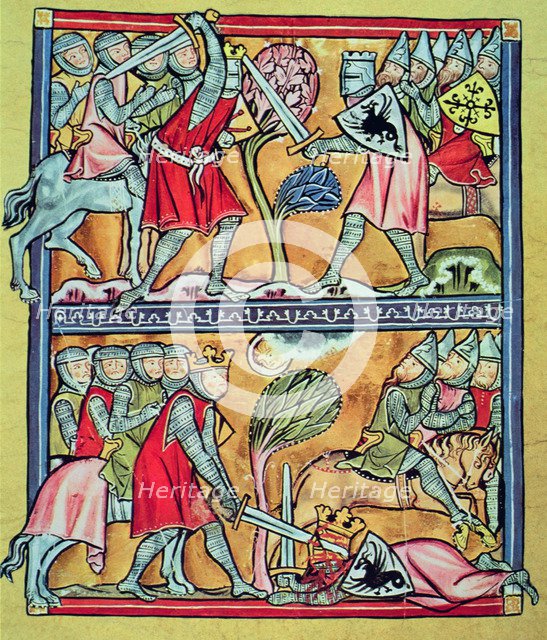 Fighting of Charlemagne with the paladins against the Saracens, Miniature in 'Charlemagne and the…