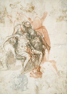 Three Figures Supporting a Man, Smaller Sketch of the Same, and Studies for the..., c.1558. Creator: Taddeo Zuccaro.