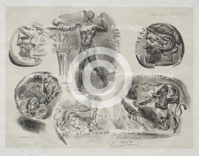Sheet with Six Antique Medals, 1825. Creator: Eugène Delacroix (French, 1798-1863); Bertauts.
