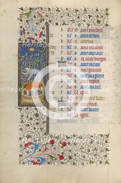 A Man Harvesting Grapes and Another Man Pressing Grapes; Book of Hours, about 1415-1420. Creator: Workshop of the Master of the Rohan Hours.