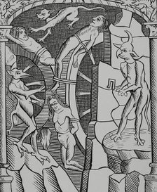 Torture of the wheel, executed by demons, 1529, (1878).  Creator: Unknown.
