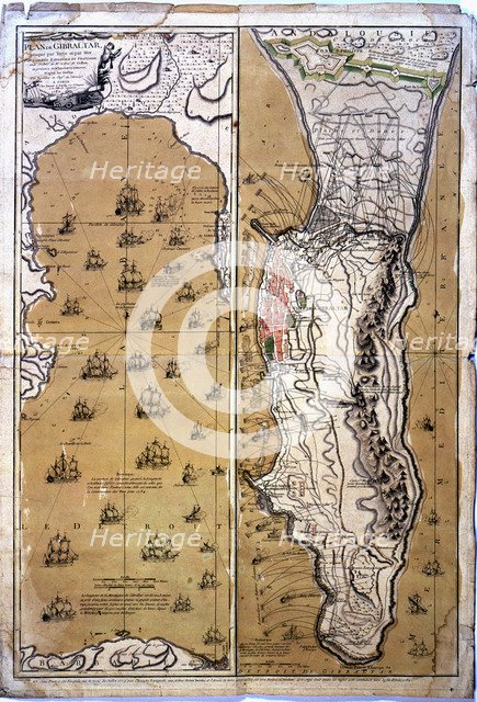 Colored drawing of the bay and the territory of Gibraltar during the naval battle that Spain and …
