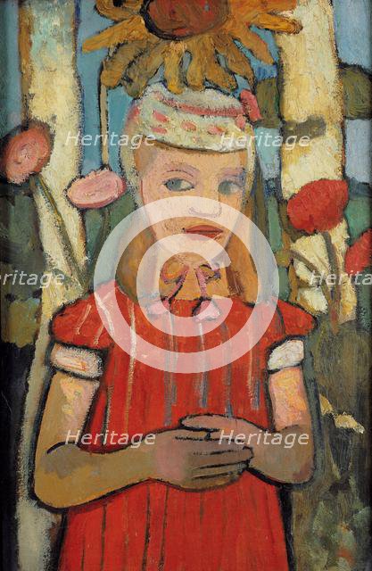 Girl in red dress in front of sunflower, 1907. Creator: Modersohn-Becker, Paula (1876-1907).