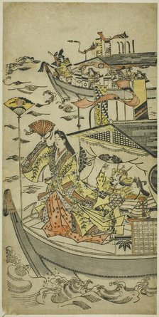 Lady Tamamushi raising a fan target, c. 1681/98. Creator: Sugimura Jihei.