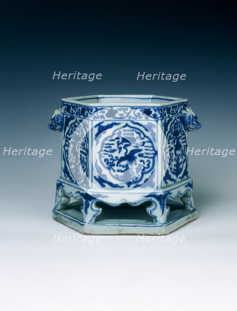 Hexagonal basin with cranes and bagua, Ming dynasty, Wanli period, China, 1572-1620. Artist: Unknown