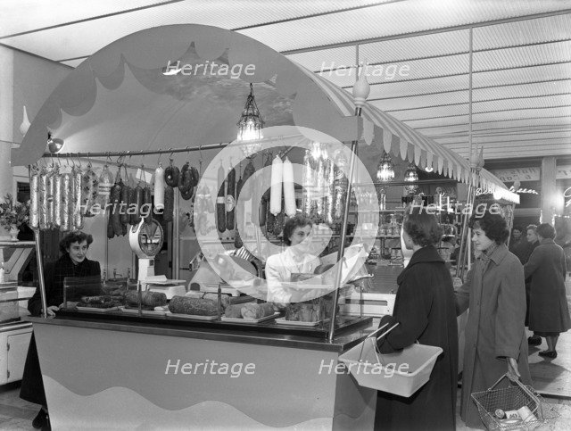New Co-op central butcher's department, Barnsley, South Yorkshire, 1957. Artist: Michael Walters