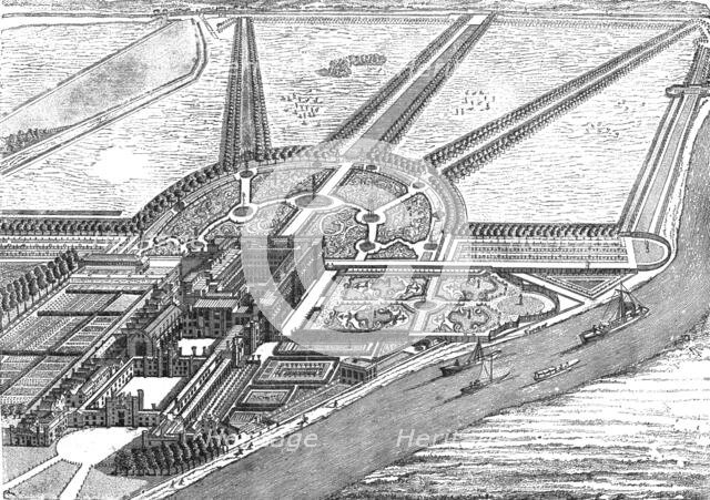 ''Bird's Eye View of Hampton Court Palace as finished by William III', 1891. Creator: Unknown.