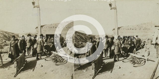 Bicycle stretchers bringing Russian wounded to a surgical station -- siege of Port Arthur, c1905. Creator: Underwood & Underwood.