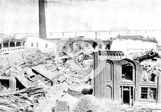 The Cyclone at Louisville, Kentucky, US: tobacco warehouse between 11th Street and 12th Street, 1890 Creator: Unknown.