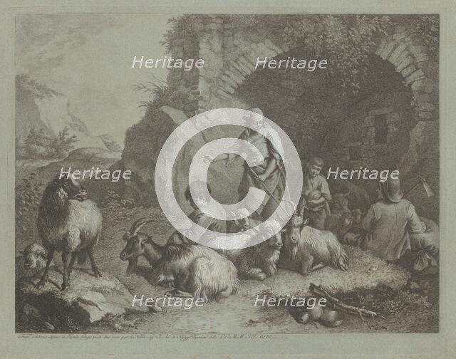 Woman, Shepherd Boys, and Sheep near an Arch, 1759/1782. Creator: Francesco Londonio.