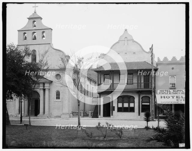 The Cathedral and First National Bank, St. Augustine, Fla., c1904. Creator: Unknown.