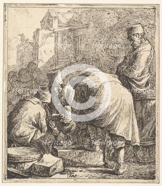 Man Adjusting His Footwear, at Left Three Men Playing Cards, 1630-77. Creator: Thomas Wijck.