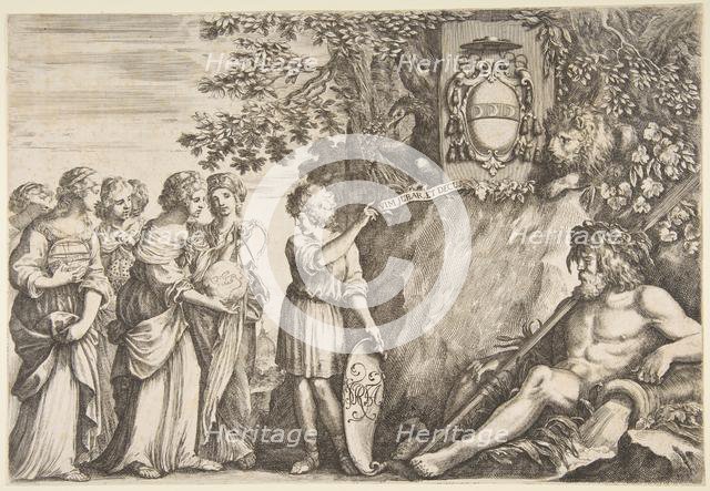 Ornament design for a thesis, the Strozzi coat of arms at top, ca. 1660. Creator: Stefano della Bella.