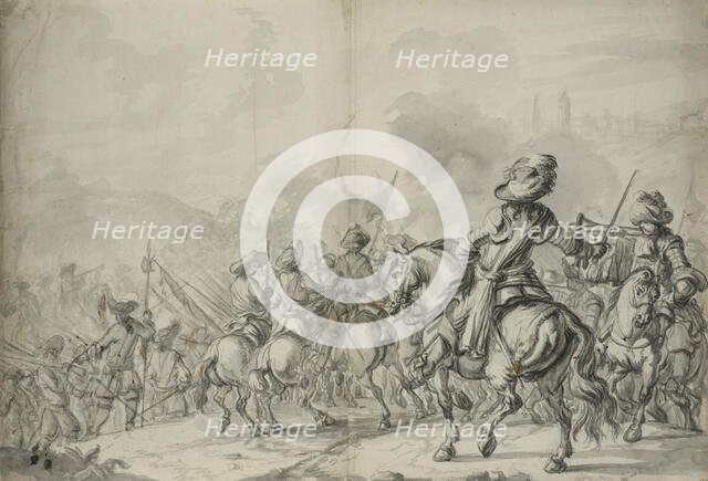 Troops advance towards a fortified city. Creator: Pieter Verhoek.