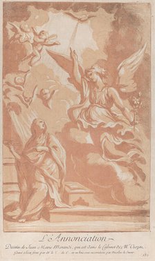 The Annunciation with the Virgin kneeling at left and Gabriel appearing at right, ca. ..., ca. 1729. Creator: Caylus, Anne-Claude-Philippe de.