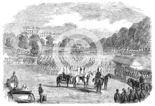 Review of Derbyshire Rifle Volunteers at Chatsworth Park - from a drawing by T. Walton, 1860. Creator: Unknown.