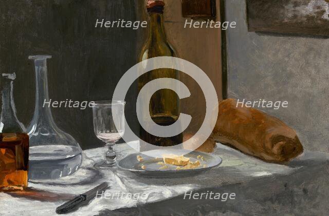 Still Life with Bottle, Carafe, Bread, and Wine, c. 1862/1863. Creator: Claude Monet.