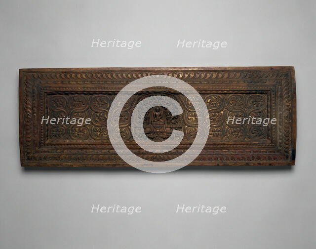 Manuscript Cover with Enshrined Sakyamuni Buddha with Hand in Earth Touching..., 15th century. Creator: Unknown.